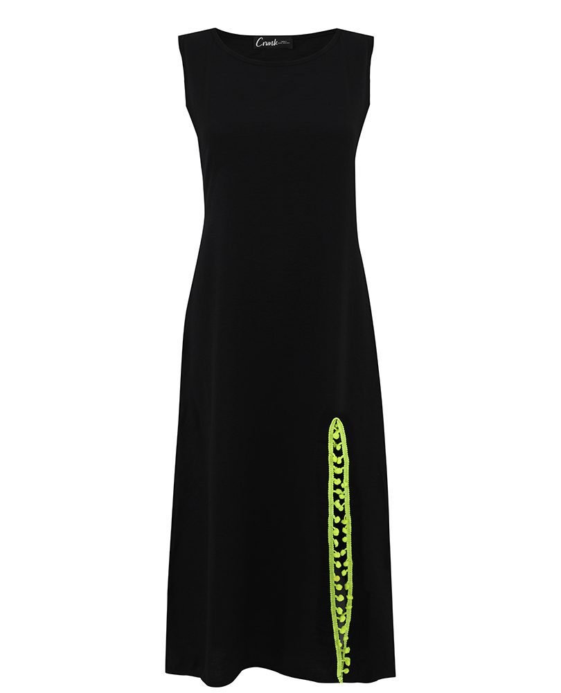 Linen black dress / Green PomPom