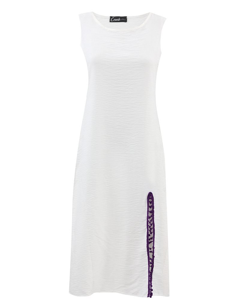 Linen white dress with Purple PomPom